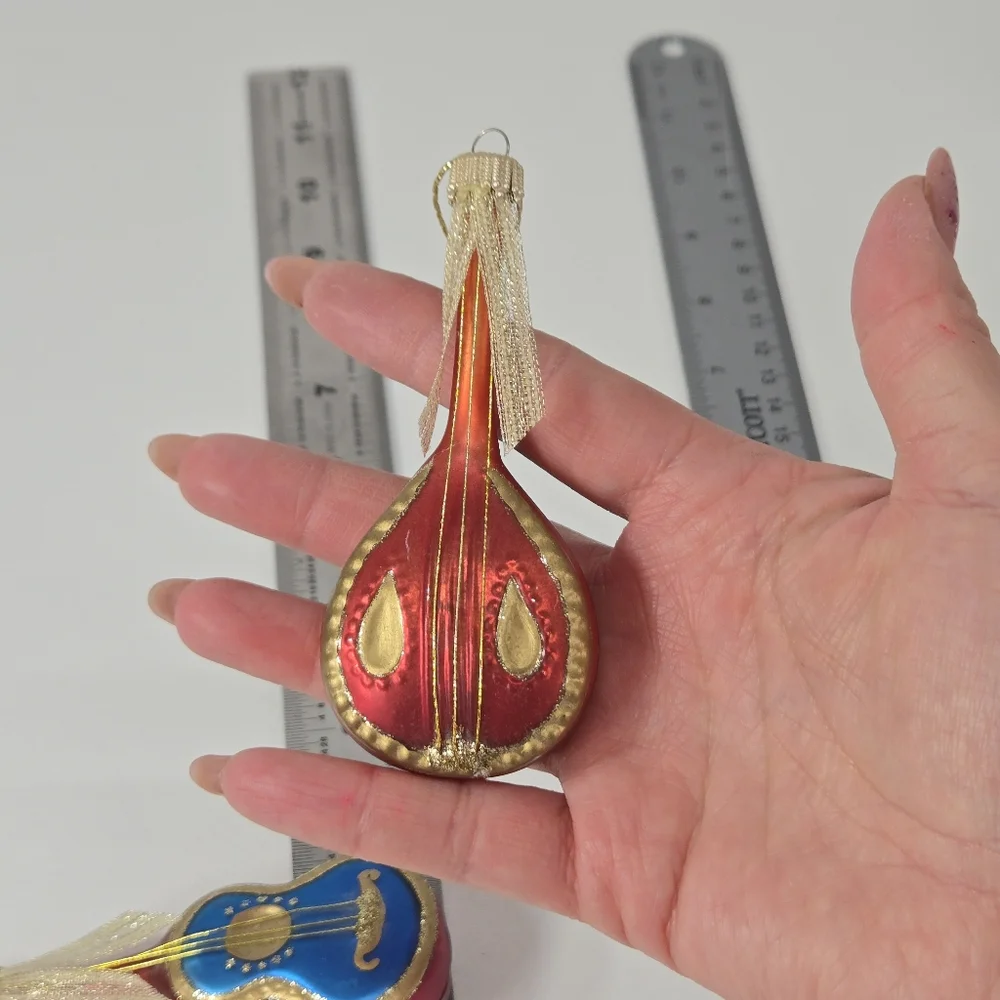 VTG Mercury Glass Hand Painted Mandolin Music Instruments Guitars ‎ Red Blue MCM